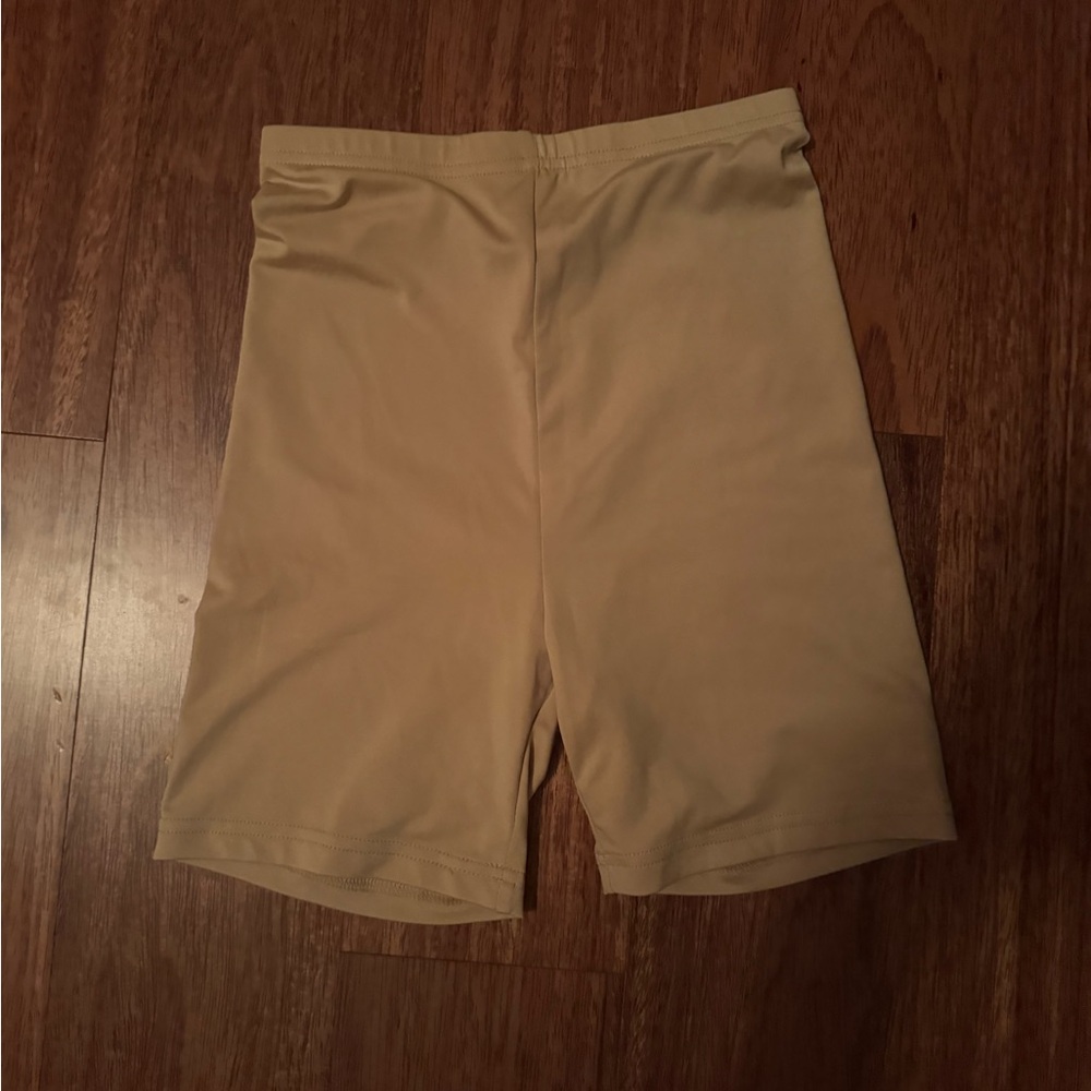 Tan Bike Shorts with Smooth Fabric and Mid-Thigh Length